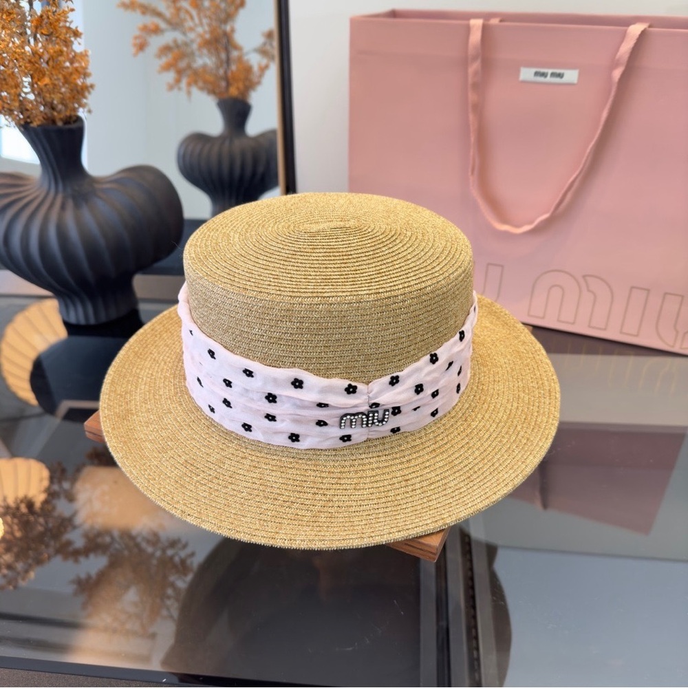 Miu Miu Natural Straw Boater Hat with Pale Pink Polka Dot Band - Picture 6 of 9